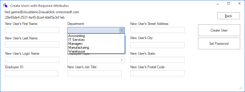 Azure Create Users with drop-down selection
