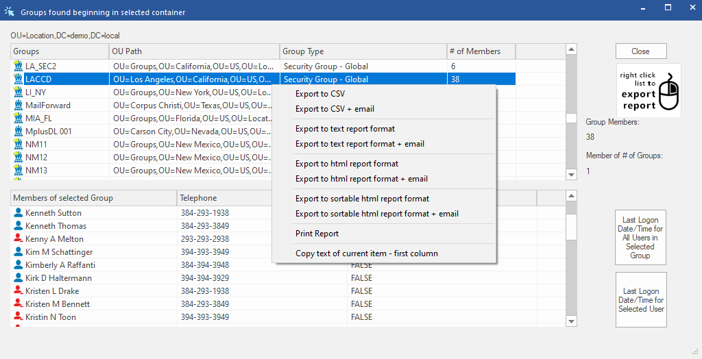 Export Active Directory data to CSV/Text/HTML